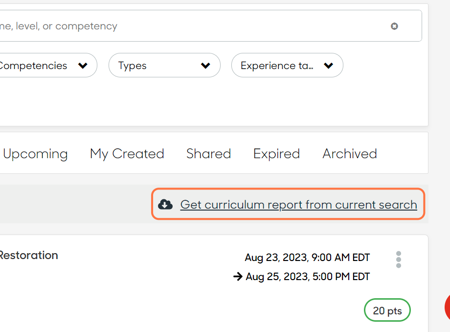 Click on Get curriculum report from current search