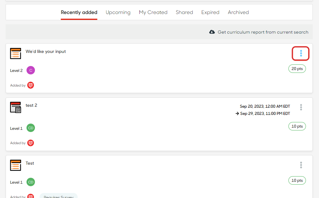 Click on actions menu for We'd like your input