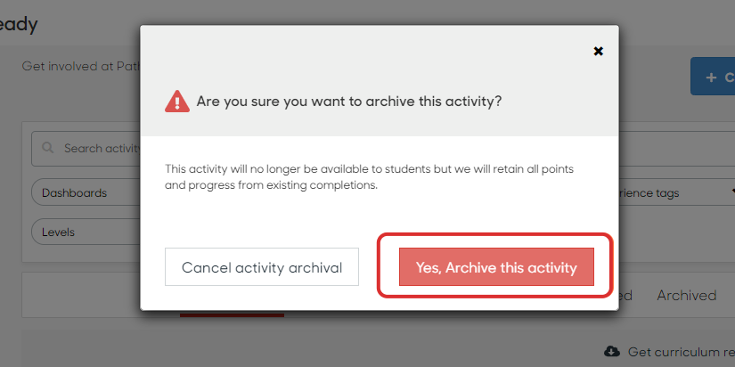 Click on Archive activity confirmation modal